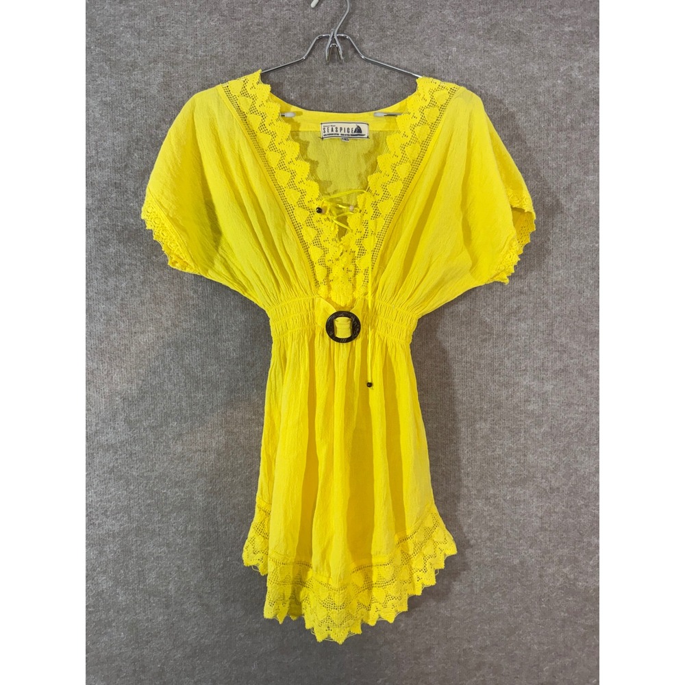 Seaspice Resort Wear Dress Womens S Yellow Peruvian Cotton Lace Trim Boho